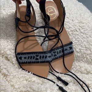 Jack Rogers Black and Silver Leather Lace-Up Sandals